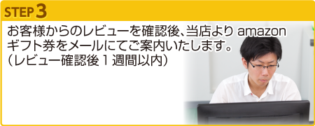 お客様からのレビューを確認後、amazonギフト券のご案内をメールでお送りします。